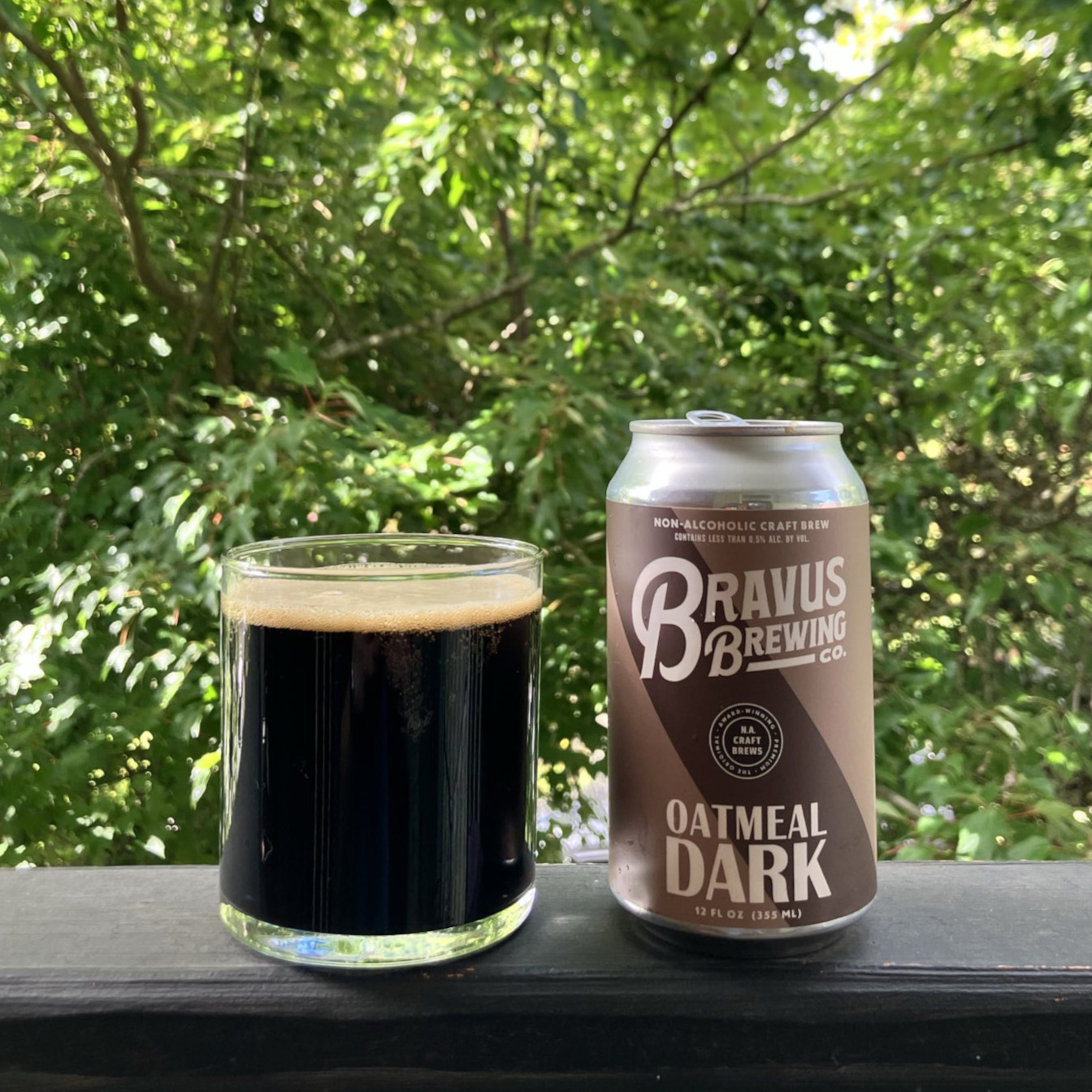 Bravus Brewing&rsquo;s Oatmeal Dark in a 12 ounce can, poured into a minimalist lowball glass, on a balcony railing